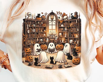 Camiseta Clube do Livro Fantasma, Camiseta Comfort Colors, Camiseta Gato Preto Halloween Leitura, Camiseta Aconchegante de Outono Assustadora, Camiseta Fantasma Leitor, Camiseta de Halloween