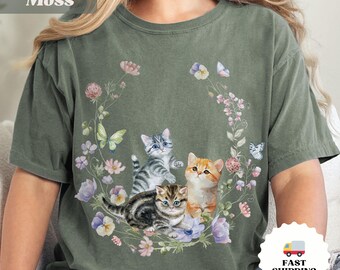 Kittens Cottagecore Shirt Catlover Gift Floral Vintage Cat Watercolor Tee Cat Mama Fairycore Tee Wildflower Cat Person Gift Kittens T-shirt