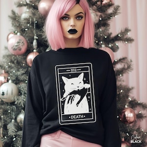 Tarot Death Cat Pullover, Tarot Geschenke für sie, Katzenliebhaber Geschenk Shirt, Crazy Cat Lady Sweatshirt, Schwarze Katzen-Liebhaber Shirt, Tarot-Liebhaber Geschenke