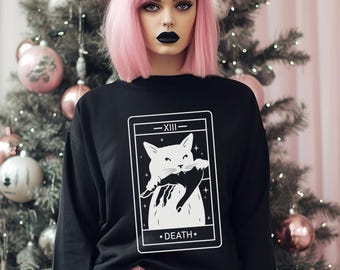 Tarot Death Cat Sweater, Tarot Gifts for her, Cat Lover Gift Shirt, Crazy Cat Lady Sweatshirt, Black Cat Lovers Shirt, Tarot Lovers Gifts