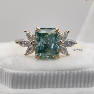 3.0 CT Radiant Cut Cyan Blue Green Moissanite Engagement Ring With Side Marquise Cut Stone with Prong Setting Beautiful Promise Ring For Her