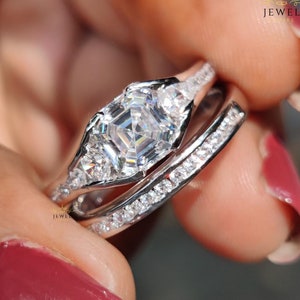 1 CT Asscher Cut Moissanite Engagement Ring Bridal Set Promise Ring For Her 18K White Gold Ring Anniversary Gift for her