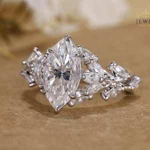 Marquise Cut Moissanite Engagement Ring | Vintage Cluster Setting | 18K White Gold Bridal Ring | Statement Moissanite Ring for Her