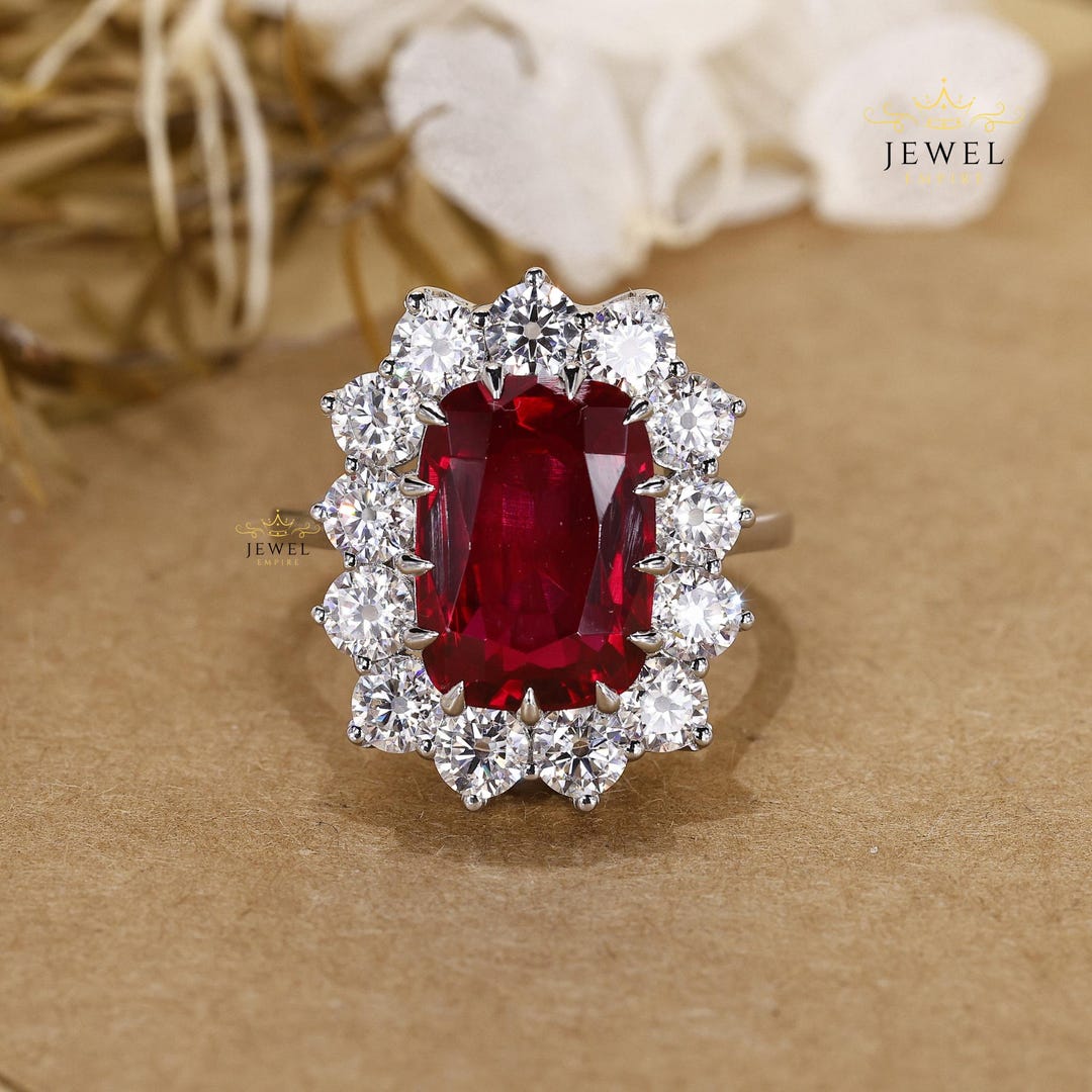 Ruby Simulant 5.0 Ct Cushion Cut Red Ruby Simulated Diamond Engagement Ring ...