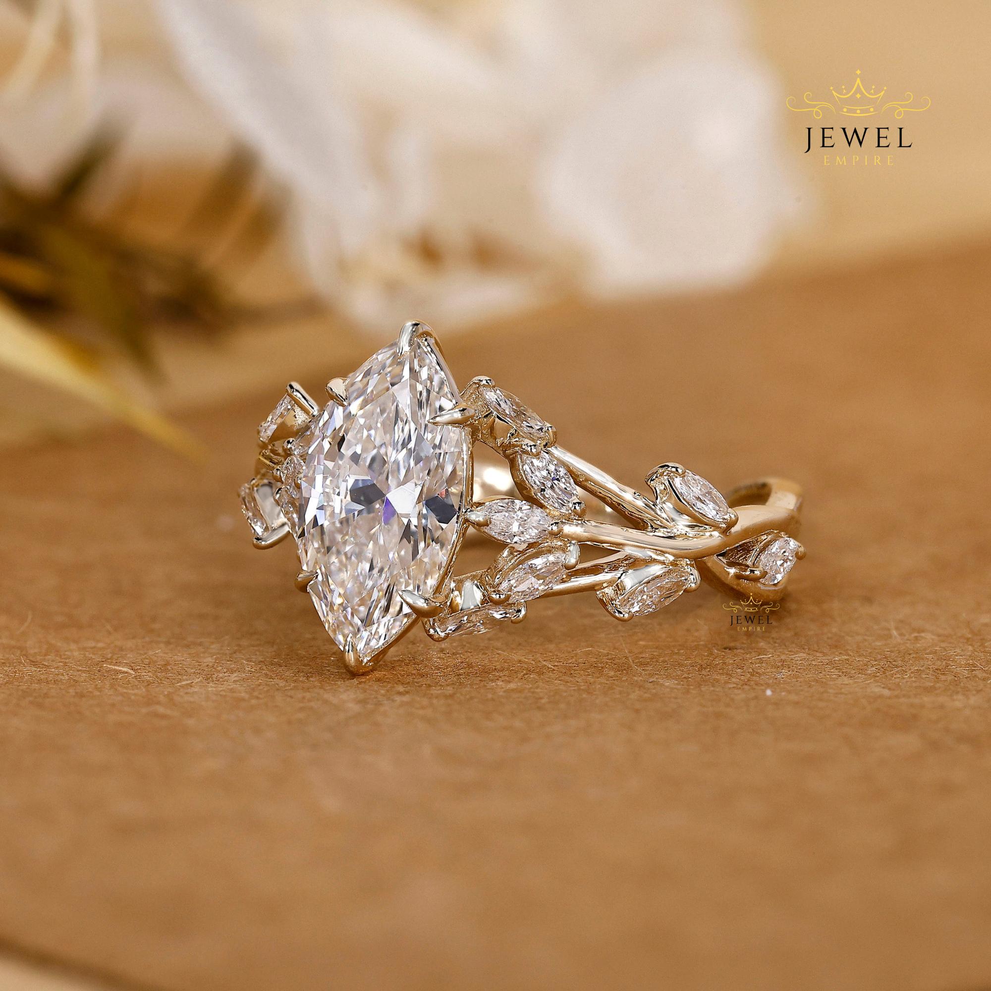 Marquise Cut Lab Grown Diamond Engagement Ring, Nature Inspired Leaf ...