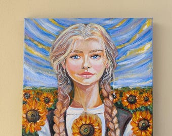 Picture &quot;Ukrainian girl among a field of sunflowers&quot;, Original Portrait Women, Artwork,Wall Decor, Portrait of beautiful Girl, Acrylic Paint
