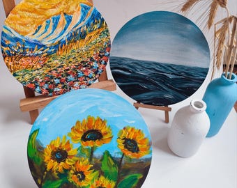 miniature paintings made with acrylic paints on primed plywood with a diameter of 7.87 inches with Sunflower&#39;s,Ocean, Mountains