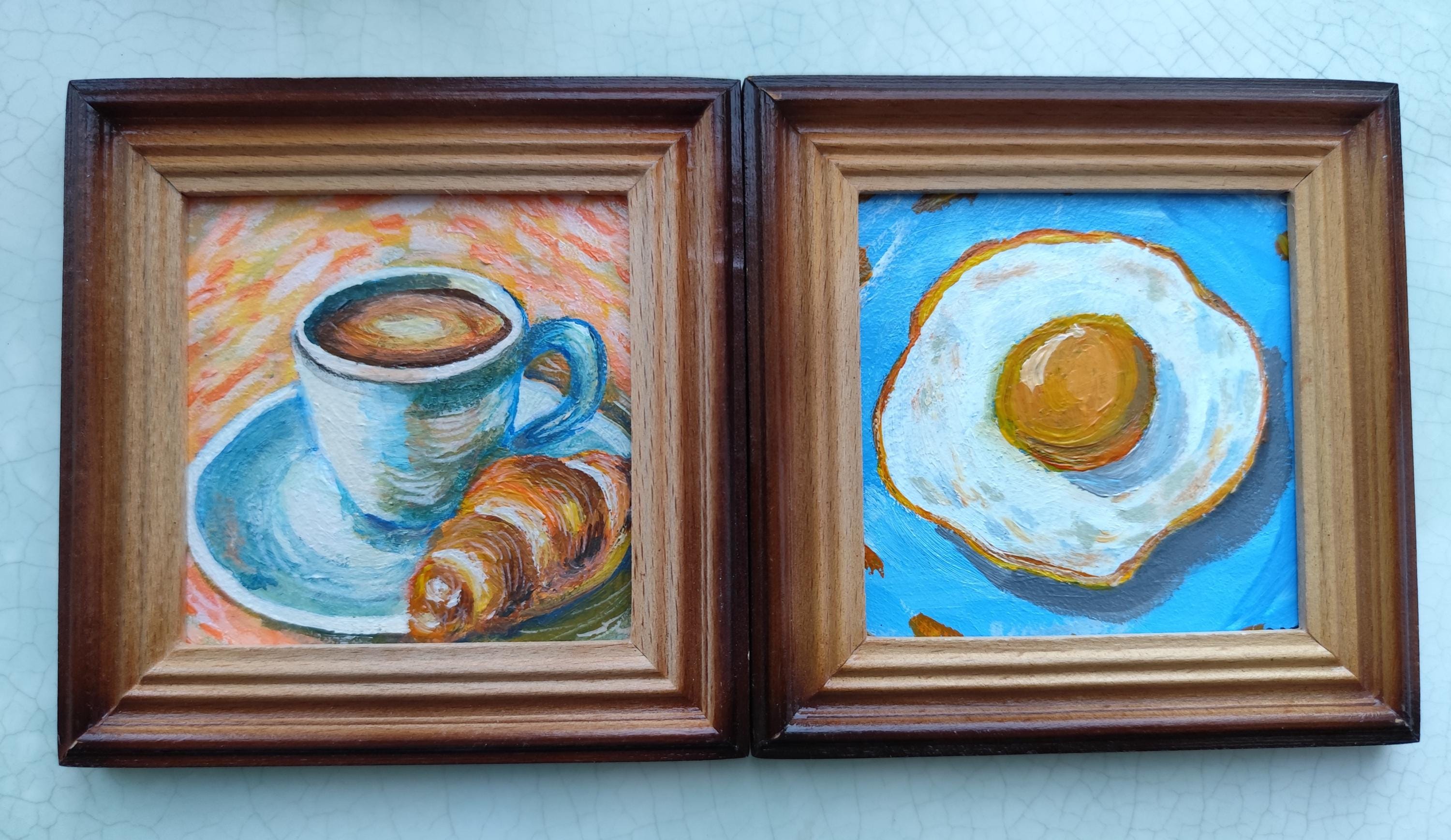 Original Artwork , Small Kitchen Art , Dining Room Decor , Fig Acrylic Picture ,Fried Egg Male ,Cup of Coffee with a Croissant , Miniatures
