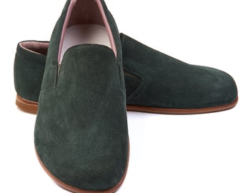 Heeled Men Barefoot Shoes, Suede Green Leather Shoes, Handmade Men Shoes, Zero Drop Shoes