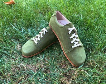 Dames Barefoot Sneakers, Nubuck Groen Lederen Sneakers, Handgemaakte schoenen, Damesschoenen