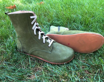 Women Barefoot Boots, Nubuck Green Leather Boots, Handmade Leather Boots, Women Boots, Zero Drop Boots
