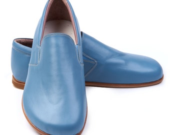 Heeled Men Barefoot Shoes, Baby Blue Leather Shoes, Handmade Men Shoes, Zero Drop Shoes