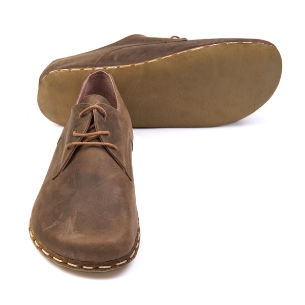 Men Barefoot Oxford, Olive Vintage Leather Shoes, Handmade Oxford Yemeni, Handmade Stitched Shoes