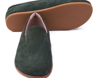 Men Barefoot Shoes, Handmade Suede Green Leather Shoes, Natural Yemeni, Men Shoes