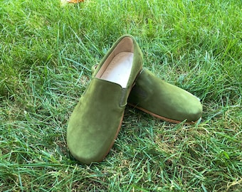 Men Barefoot Shoes, Handmade Nubuck Green Leather Shoes, Natural Yemeni, Men Shoes