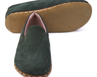 Men Barefoot Shoes, Handmade Suede Green Leather Shoes, Natural Yemeni, Men Shoes