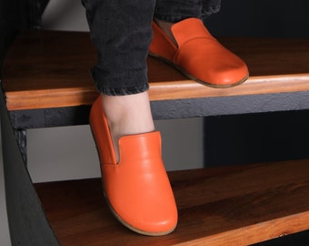 Men Barefoot Shoes, Handmade Orange Leather Shoes, Natural Yemeni, Men Shoes