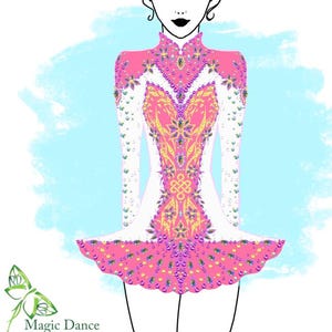 May include: Illustration of an Irish dance dress design. The dress is pink with intricate yellow and purple detailing. The design includes a high collar and long sleeves. The image also features a stylized drawing of a woman's face and hair, and the text "Magic Dance DESIGN".