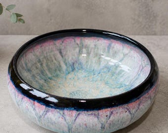Handmade Ceramic Bowl, Blue & Pink Reactive Glaze Stoneware Serving Bowl, Unique Artisan Pottery, One of a Kind Home Decor