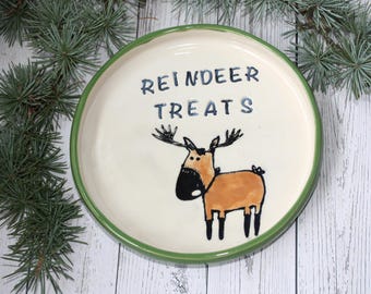 Handmade Reindeer Treats Plate with Hand Drawn Silkscreen Design and Gloss Green Rim.