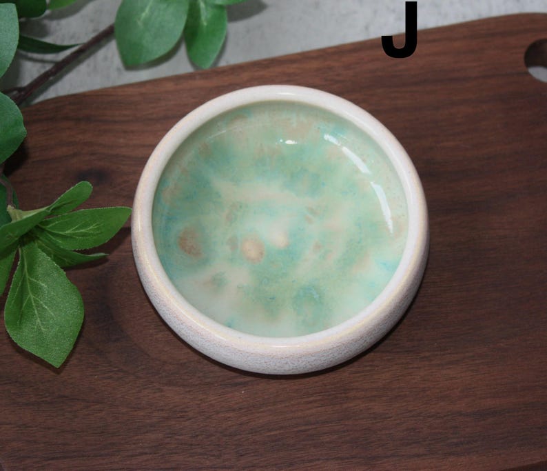 May include: A small, round ceramic dish with a white exterior and a marbled interior of green, blue, and beige hues. The dish is set on a dark wooden surface, with green leaves in the background. The letter "J" is visible.