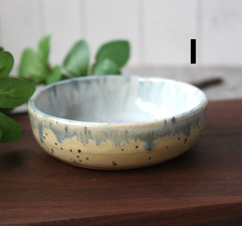 May include: A small, handmade ceramic bowl with a speckled, light yellow exterior and a blue-grey rim. The interior is a pale blue. The bowl sits on a dark wooden surface, with green leaves in the background.