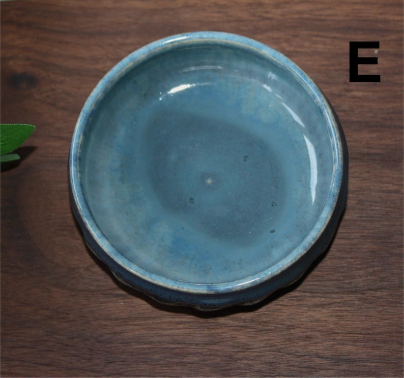 May include: A small, round, ceramic bowl with a light blue glaze. The bowl has a scalloped edge and a smooth interior. The letter "E" is visible in the upper right corner. The bowl is on a dark wood surface.