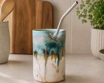 Handmade Ceramic Straw Cup, Reactive Glaze Stoneware Tumbler
