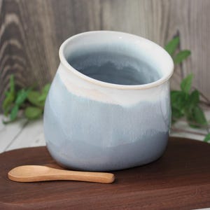 Handmade Grey/Blue and White Salt Pig with Wooden Spoon