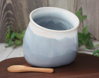 Handmade Grey/Blue and White Salt Pig with Wooden Spoon