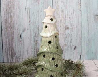 Large Handmade Ceramic Christmas Tree Luminary | Sculpted Pottery Tree Candle Holder | Festive Holiday Table or Mantel Decoration