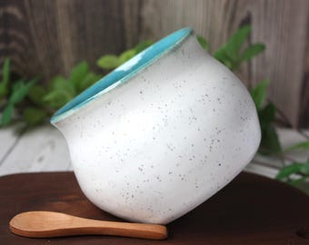 Handmade Ceramic Salt Pig | Speckled White & Teal,  with Wooden Scoop
