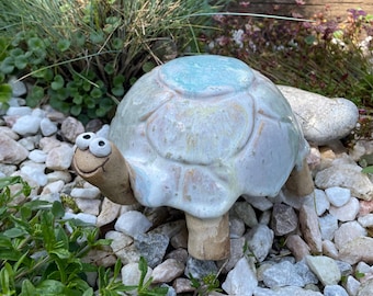 Handmade Ceramic Tortoise Garden Ornament: Turquoise Glazed Pottery