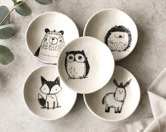 Handmade Quirky Ceramic Small Dish, Woodland Animal Illustration, Ring Jewellery Key Bowl