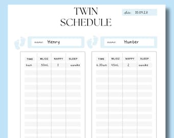 Twin Feeding Chart, Twin Log, Schedule, Twin Feeding Tracker, Twin Boy Feeding Schedule, Tracking Twins Eating Schedule, Twin Tracker