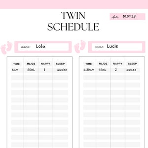 Twin Feeding Chart, Twin Log, Schedule, Twin Feeding Tracker, Twin Girl Feeding Schedule, Tracking Twins Eating Schedule, Twin Tracker