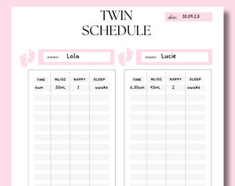 Twin Feeding Chart, Twin Log, Schedule, Twin Feeding Tracker, Twin Girl Feeding Schedule, Tracking Twins Eating Schedule, Twin Tracker