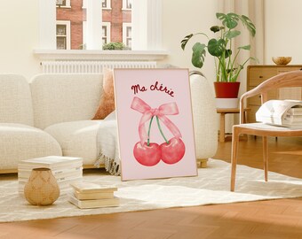 Trendy Cherry Pink Bow Wall Art, Ma Cherie, Preppy, College Apartment, Watercolor, Coquette Room Decor, GirlyFeminine, Unique, Poster, Print