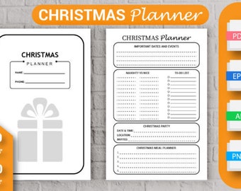 Op de afbeelding: Zwart-witte printbare kerstplanner met secties voor belangrijke data, to-do lijst, stout of braaf lijst, kerstfeest details en een kerstmaaltijdplanner. De planner is 15,24 cm x 22,86 cm en heeft 120 pagina's.