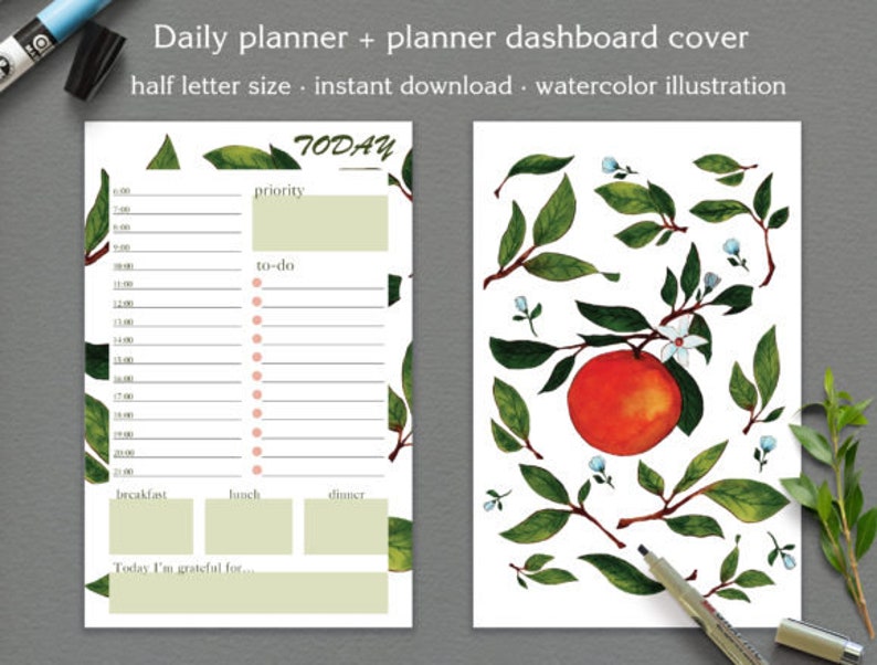 Orange Floral Half Letter Planner Inserts, Habit Journal (Digital Download) image 5