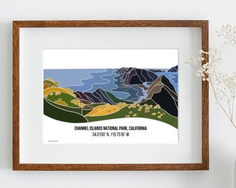 Impresión digital del Parque Nacional de las Islas del Canal, California, con coordenadas (horizontal)
