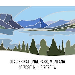 Glacier National Park Montana Line Art with Coordinates (Landscape) Digital Print