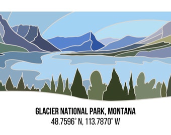 Glacier National Park Montana Line Art with Coordinates (Landscape) Digital Print