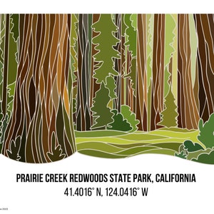 Prairie Creek Redwoods State Park California Line Art with Coordinates Digital Print