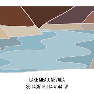 Lake Mead Nevada Line Art with Coordinates (Landscape) Digital Print
