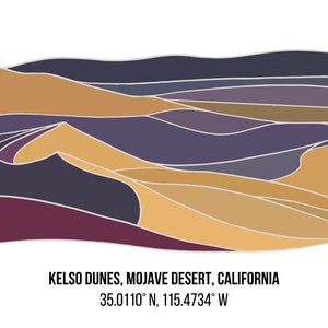 Kelso Dunes Mojave Desert California Line Art with Coordinates (Landscape) Digital Print