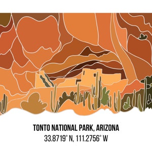 Tonto National Forest Arizona Line Art with Coordinates Digital Print
