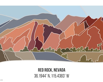 Red Rock Canyon Nevada Line Art mit Koordinaten (Landschaft) Digital Art