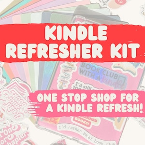 May include: A Kindle Refresher Kit with stickers and a case. The image features a pink Kindle case with stickers that say "Book Club with a Kindle" and "I'd rather be at book club". The text "Kindle Refresher Kit" is in a red banner.