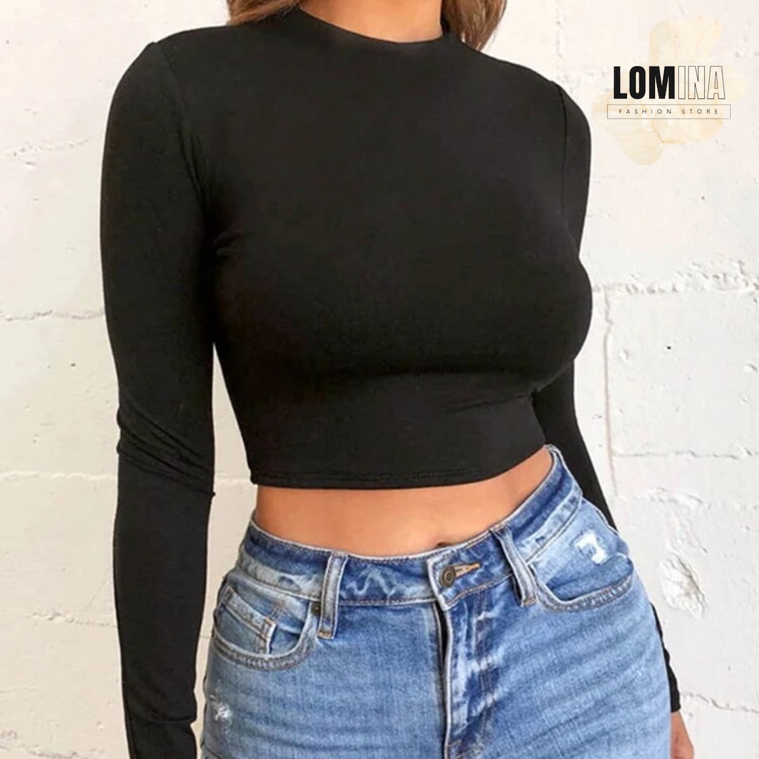 Women's Long Sleeve Crop Top Casual Slim Fit T-shirt Fashion Clothing ...
